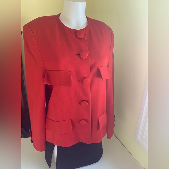 Bright red blazer jacket custom tailored collarless button-down pocket heads L - Picture 5 of 15